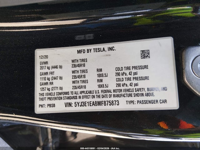 44318891 :رقم المزاد ، 5YJ3E1EA8MF875873 vin ، 2021 Tesla Model 3 Standard Range Plus Rear-wheel Drive مزاد بيع