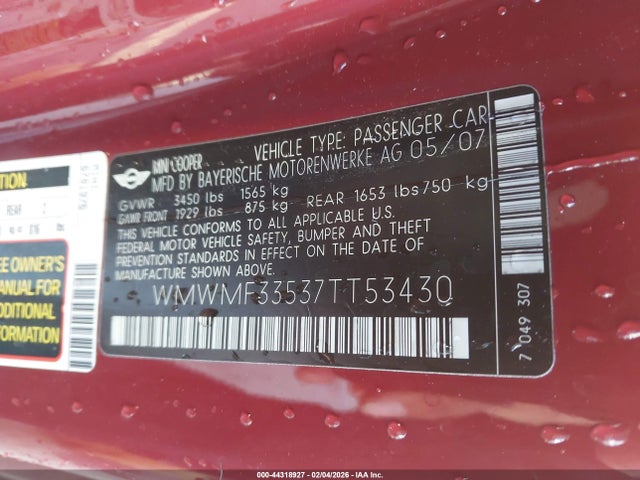 2007 MINI COOPER WMWMF33537TT53430 Photo 8
