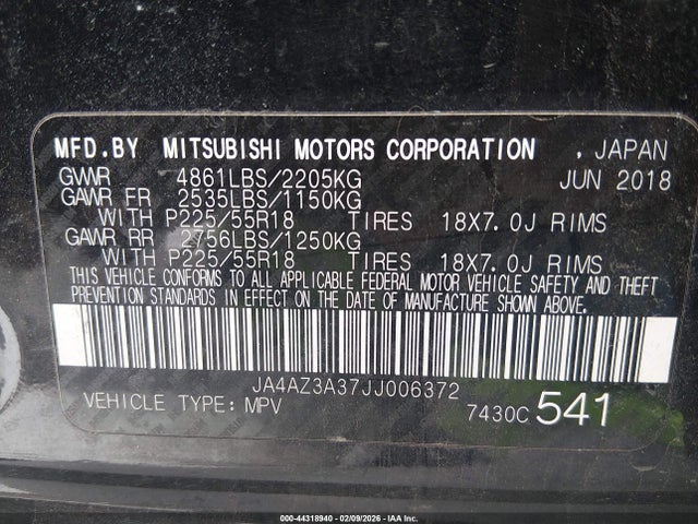 2018 Mitsubishi Outlander Es/le/se/sel მანქანა იყიდება აუქციონზე, vin: JA4AZ3A37JJ006372, აუქციონის ნომერი: 44318940