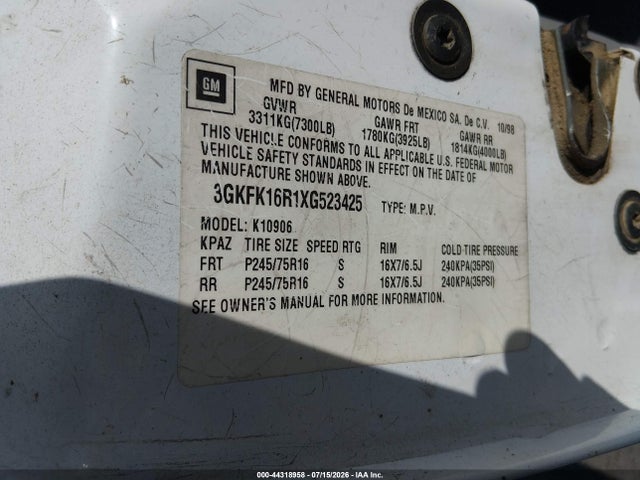 44318958 :رقم المزاد ، 3GKFK16R1XG523425 vin ، 1999 Gmc Suburban 1500 Slt Cmi مزاد بيع