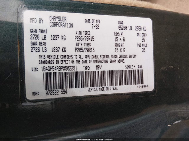 Продажа на аукционе авто 1993 Dodge Grand Caravan Le/es, vin: 1B4GH54R9PX502291, номер лота: 44319028