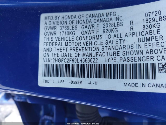 44319097 :رقم المزاد ، 2HGFC2F69LH566622 vin ، 2020 Honda Civic Lx مزاد بيع