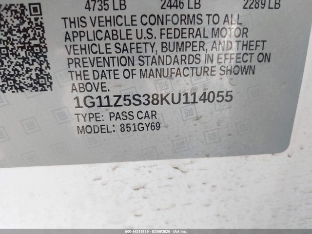 Aukcja sprzedaży 2019 Chevrolet Impala Lt, vin: 1G11Z5S38KU114055, numer aukcji: 44319119