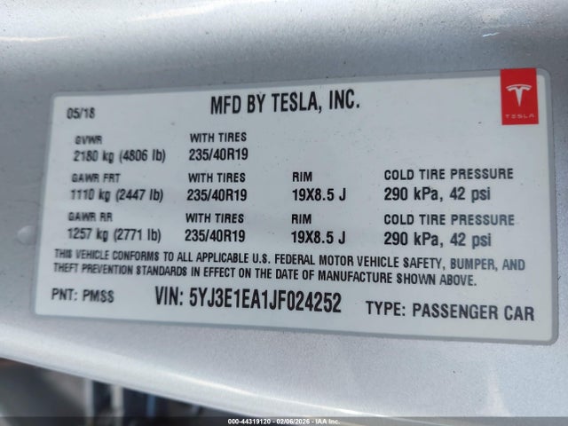 Продаж на аукціоні авто 2018 Tesla Model 3 Long Range/mid Range, vin: 5YJ3E1EA1JF024252, номер лоту: 44319120