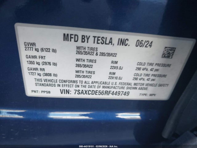 Aukcja sprzedaży 2024 Tesla Model X Long Range, vin: 7SAXCDE56RF449749, numer aukcji: 44319151