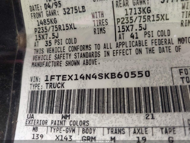 44319162 :رقم المزاد ، 1FTEX14N4SKB60550 vin ، 1995 Ford F150 مزاد بيع