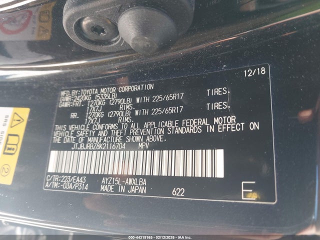 44319165 :رقم المزاد ، JTJBJRBZ8K2116704 vin ، 2019 Lexus Nx 300h مزاد بيع