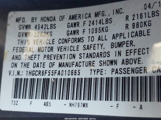 2015 Honda Accord Hybrid Ex-l მანქანა იყიდება აუქციონზე, vin: 1HGCR6F55FA010665, აუქციონის ნომერი: 44319184