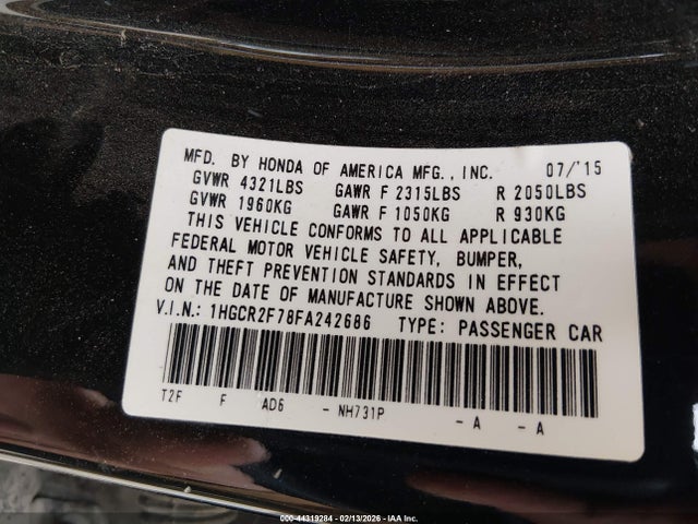 Продажа на аукционе авто 2015 Honda Accord Ex, vin: 1HGCR2F78FA242686, номер лота: 44319284