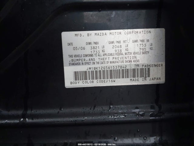2006 Mazda Mazda3 I მანქანა იყიდება აუქციონზე, vin: JM1BK12G561537842, აუქციონის ნომერი: 44319312