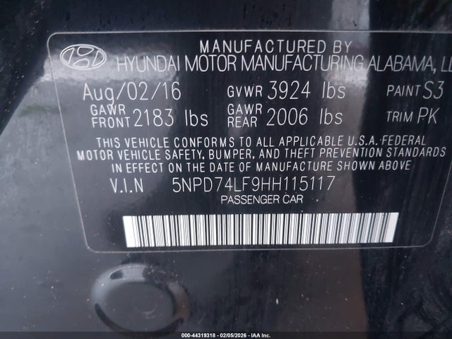 5NPD74LF9HH115117 Hyundai ELANTRA SE