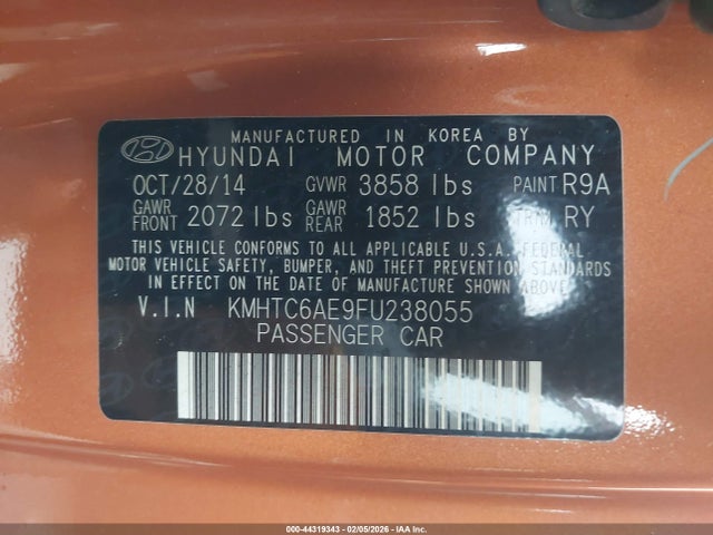 44319343 :رقم المزاد ، KMHTC6AE9FU238055 vin ، 2015 Hyundai Veloster Turbo مزاد بيع