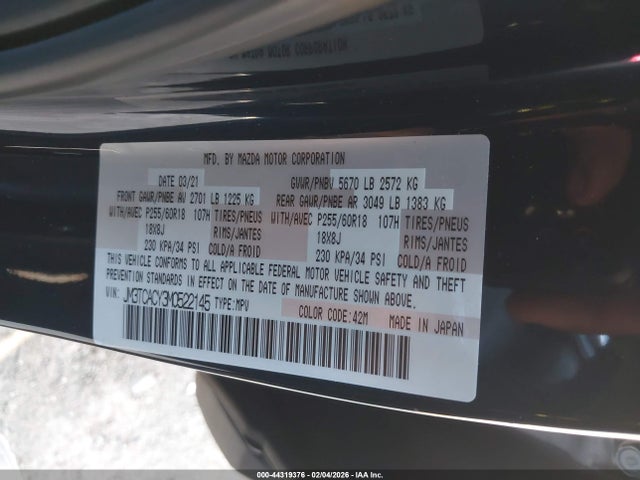 Продаж на аукціоні авто 2021 Mazda Cx-9 Touring, vin: JM3TCACY3M0522145, номер лоту: 44319376