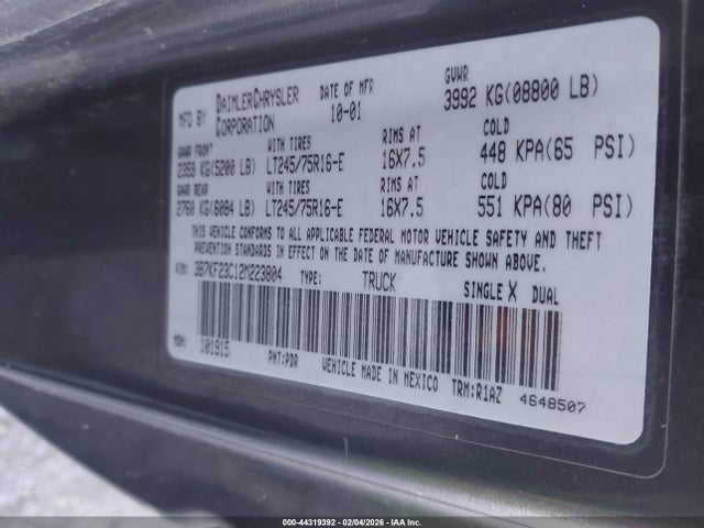 Продаж на аукціоні авто 2002 Dodge Ram 2500 Slt, vin: 3B7KF23C12M223804, номер лоту: 44319392