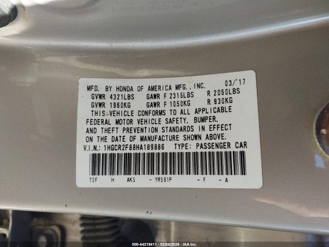1HGCR2F88HA189886 Honda Accord Ex-l