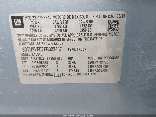 Aukcja sprzedaży 2015 Gmc Sierra 1500 Slt, vin: 3GTU2VEC7FG322487, numer aukcji: 44319430