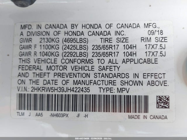 2HKRW5H39JH422435 Honda CR-V LX