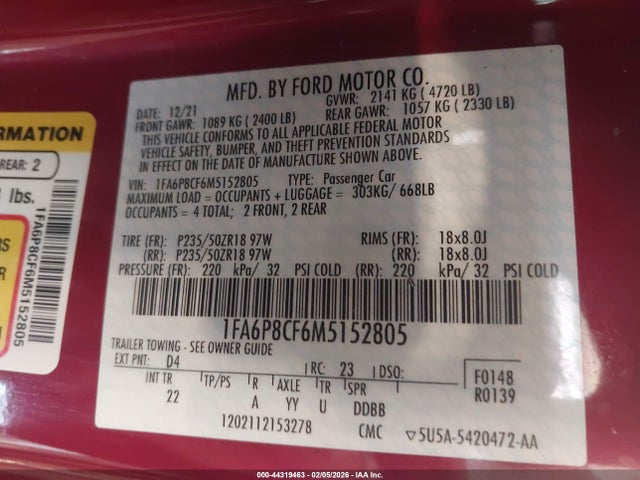 2021 FORD MUSTANG 1FA6P8CF6M5152805 Photo 8