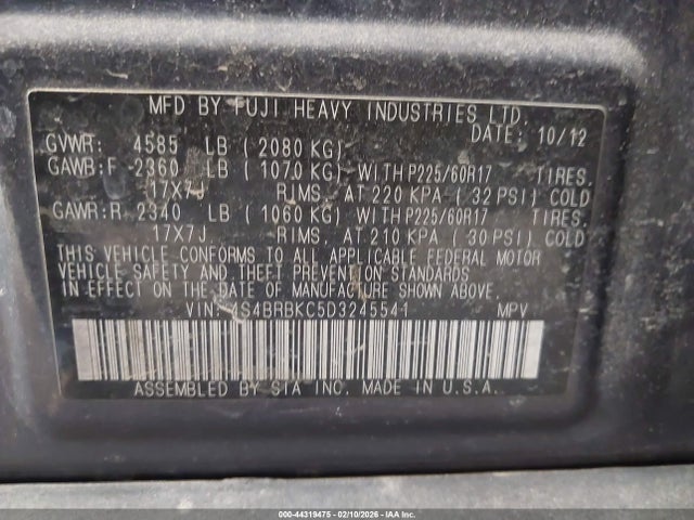 44319475 :رقم المزاد ، 4S4BRBKC5D3245541 vin ، 2013 Subaru Outback 2.5i Limited مزاد بيع