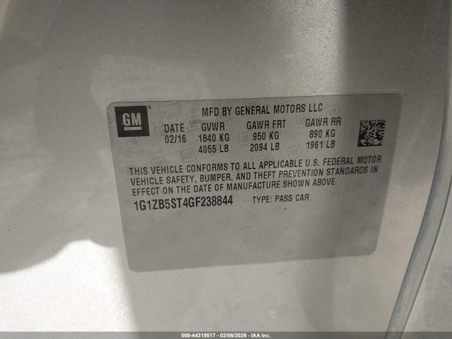 44319517 :رقم المزاد ، 1G1ZB5ST4GF238844 vin ، 2016 Chevrolet Malibu Ls مزاد بيع