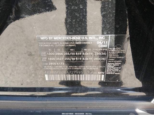 Auction sale of the 2011 Mercedes-benz Ml 350, vin: 4JGBB5GB2BA727995, lot number: 44319555
