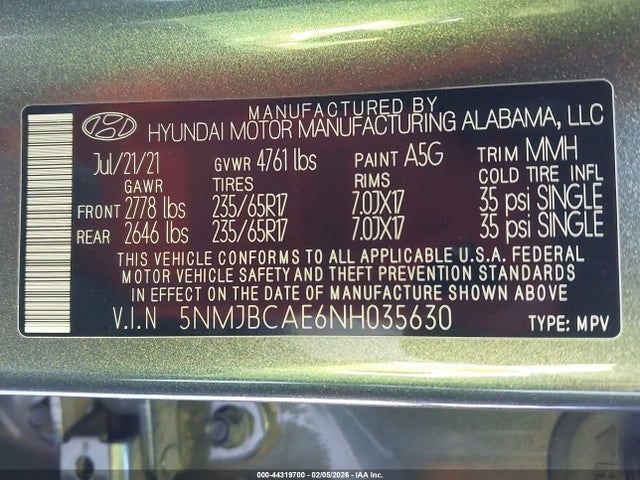 5NMJBCAE6NH035630 Hyundai TUCSON SEL