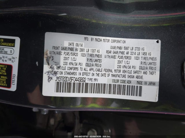 44319702 :رقم المزاد ، JM3TB3DV6F0449892 vin ، 2015 Mazda Cx-9 Grand Touring مزاد بيع