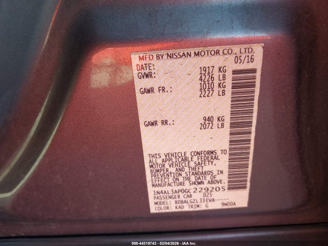 1N4AL3AP0GC229205 Nissan Altima 2.5/2.5 S/2.5 Sl/2.5 Sr/2.5 Sv