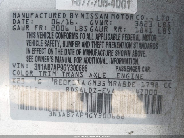 3N1AB7AP9GY300688 Nissan SENTRA SV