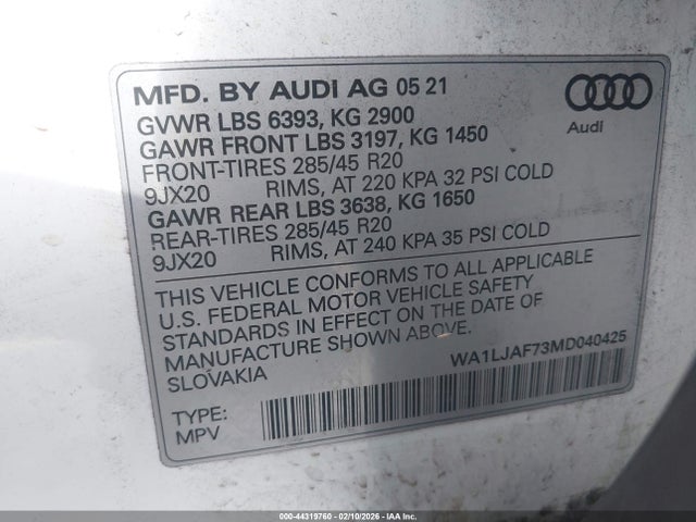 44319760 :رقم المزاد ، WA1LJAF73MD040425 vin ، 2021 Audi Q7 Premium Plus 45 Tfsi Quattro Tiptronic مزاد بيع