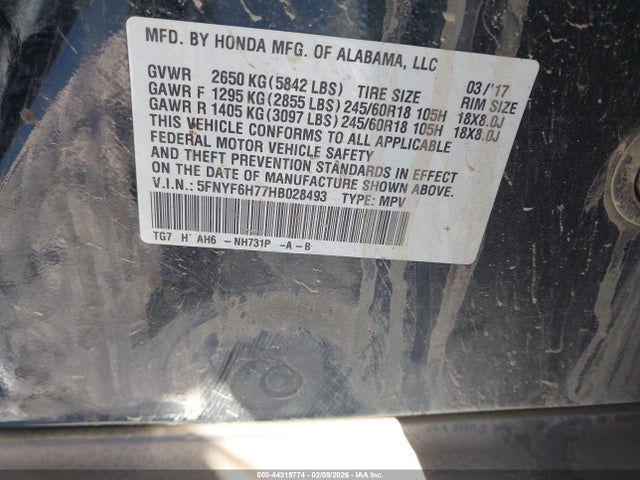 5FNYF6H77HB028493 Honda Pilot Ex-l