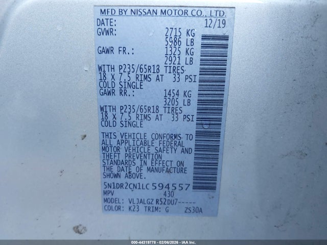 Auction sale of the 2020 Nissan Pathfinder Sl 2wd, vin: 5N1DR2CN1LC594557, lot number: 44319778
