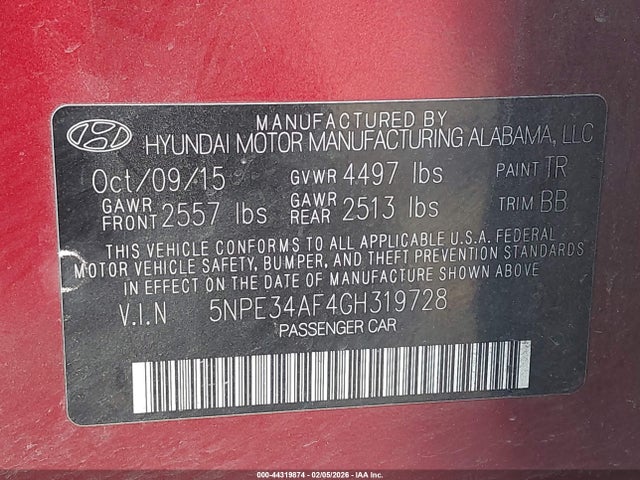 5NPE34AF4GH319728 Hyundai Sonata Limited