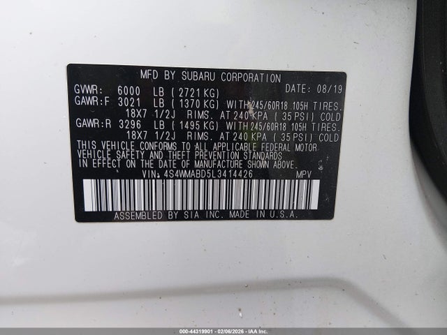 2020 Subaru Ascent Premium მანქანა იყიდება აუქციონზე, vin: 4S4WMABD5L3414426, აუქციონის ნომერი: 44319901