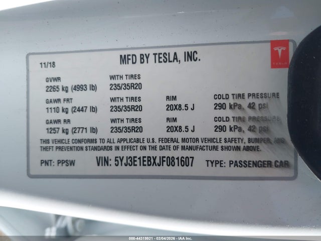 Aukcja sprzedaży 2018 Tesla Model 3 Long Range/performance, vin: 5YJ3E1EBXJF081607, numer aukcji: 44319921