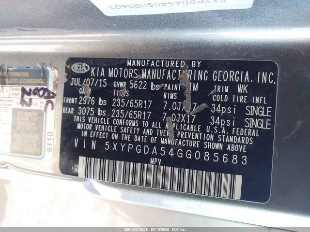 5XYPGDA54GG085683 KIA Sorento 3.3l Lx