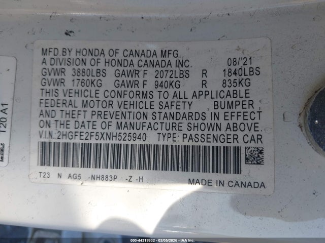 Honda Civic Sport 2022 2HGFE2F5XNH525940 Image 9