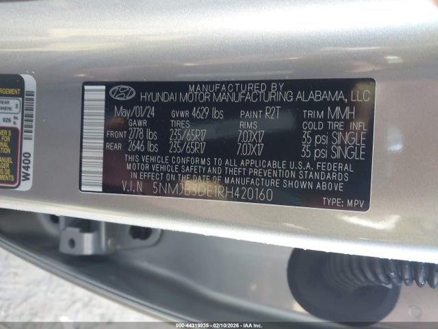 2024 Hyundai Tucson Sel მანქანა იყიდება აუქციონზე, vin: 5NMJB3DE1RH420160, აუქციონის ნომერი: 44319935