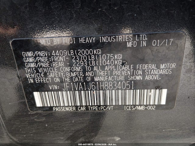 2017 Subaru Wrx Limited მანქანა იყიდება აუქციონზე, vin: JF1VA1J61H8834051, აუქციონის ნომერი: 44319979
