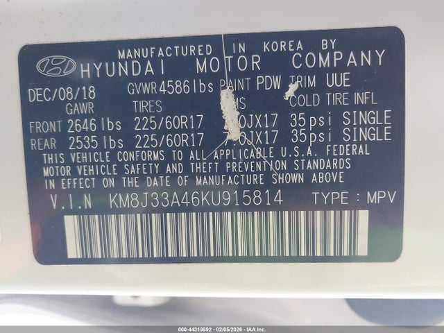 Продаж на аукціоні авто 2019 Hyundai Tucson Value, vin: KM8J33A46KU915814, номер лоту: 44319992
