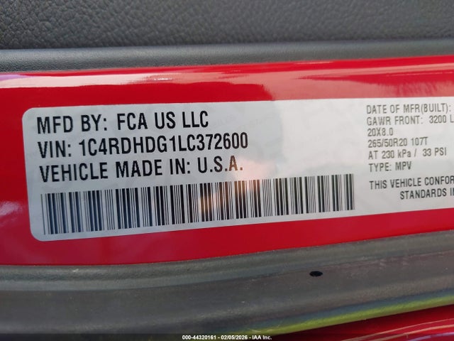 44320161 :رقم المزاد ، 1C4RDHDG1LC372600 vin ، 2020 Dodge Durango Gt Plus Rwd مزاد بيع