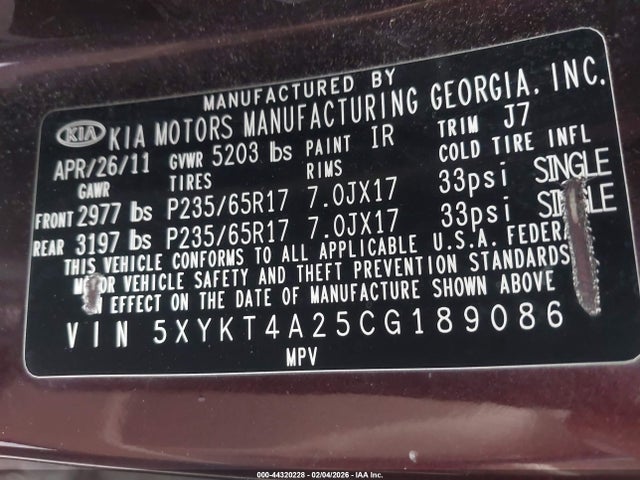 44320228 :رقم المزاد ، 5XYKT4A25CG189086 vin ، 2012 Kia Sorento Lx V6 مزاد بيع