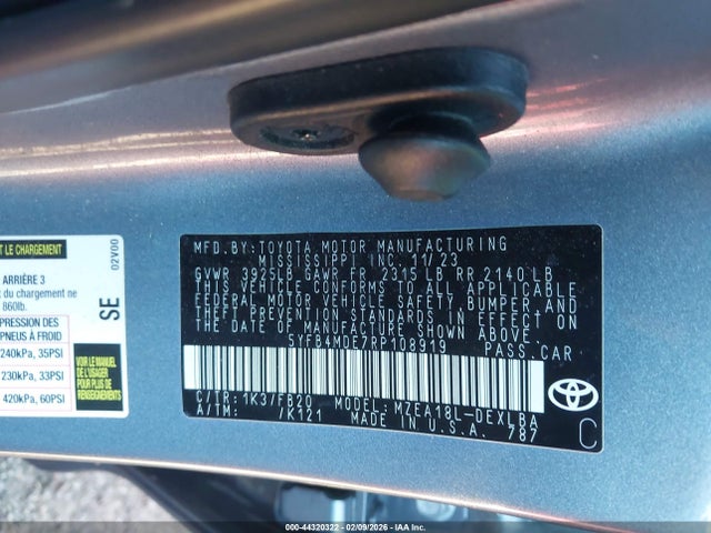 44320322 :رقم المزاد ، 5YFB4MDE7RP108919 vin ، 2024 Toyota Corolla Le مزاد بيع