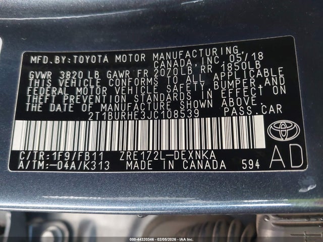 Toyota COROLLA LE 2018 2T1BURHE3JC108539 Image 9