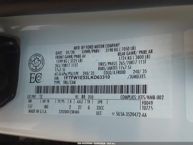 44320354 :رقم المزاد ، 1FTFW1E53LKD63310 vin ، 2020 Ford F-150 Xlt مزاد بيع
