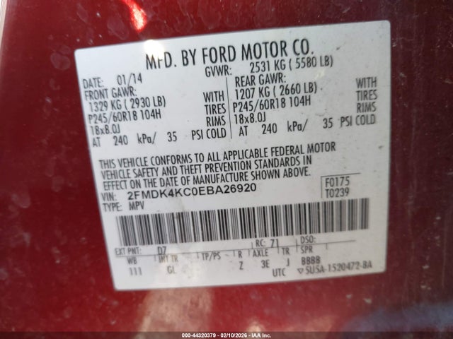 Продажа на аукционе авто 2014 Ford Edge Limited, vin: 2FMDK4KC0EBA26920, номер лота: 44320379