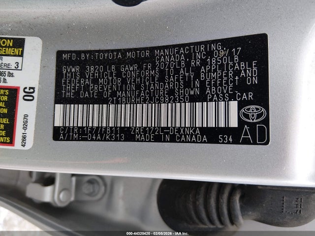 Aukcja sprzedaży 2018 Toyota Corolla Le, vin: 2T1BURHE2JC982350, numer aukcji: 44320420