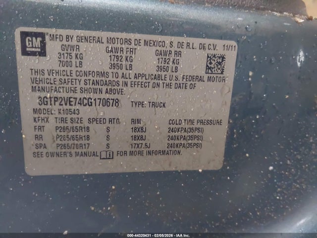 44320431 :رقم المزاد ، 3GTP2VE74CG170678 vin ، 2012 Gmc Sierra 1500 Sle مزاد بيع