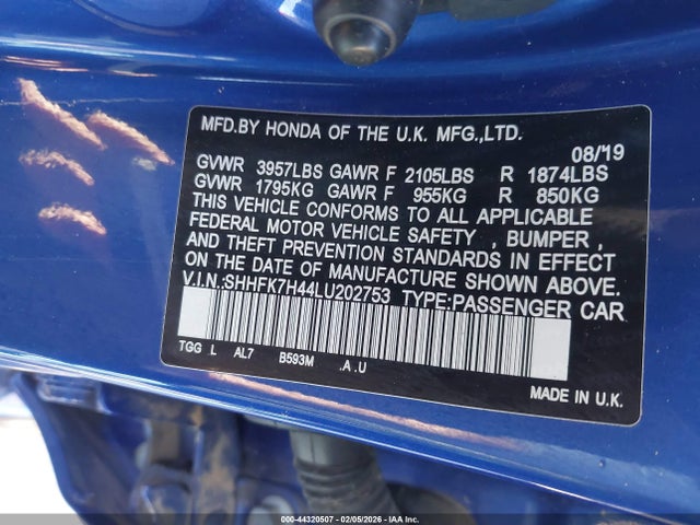 SHHFK7H44LU202753 Honda Civic Sport