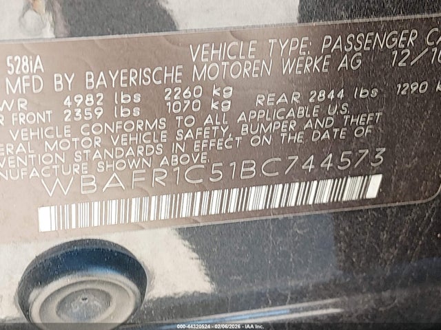 Продажа на аукционе авто 2011 Bmw 528i, vin: WBAFR1C51BC744573, номер лота: 44320524